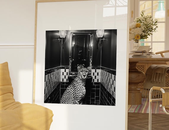 Chic Cheetah Sitting In Black And White Bathroom Funny Photo Poster