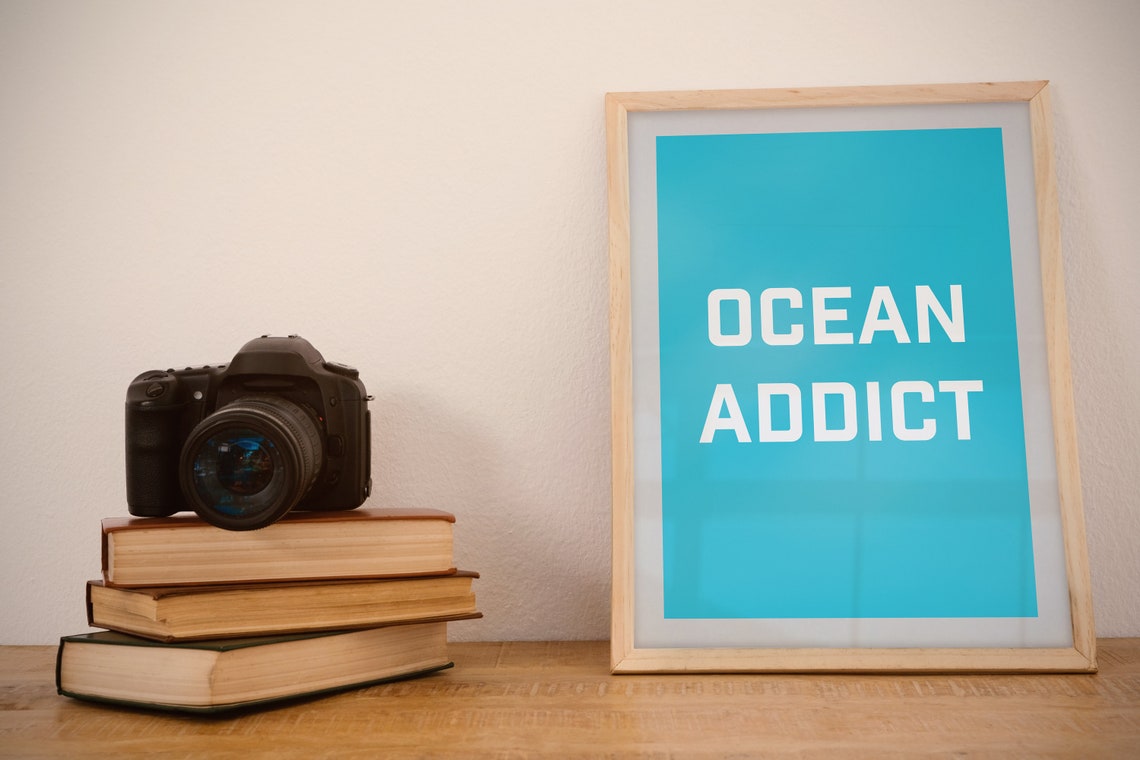 Ocean Addict Bold Beach Lover Typographic Quote Poster in Blue - Image 3