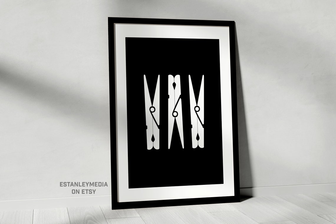 White Clothespins on Black Minimalist Laundry Room Art Poster - Image 3