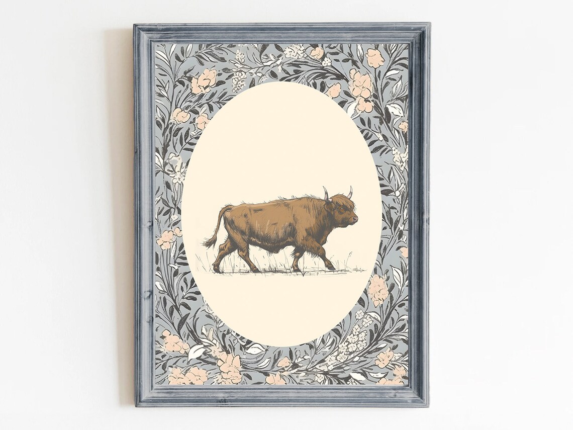 Highland Cow Vintage Nursery Decor, Animal Art