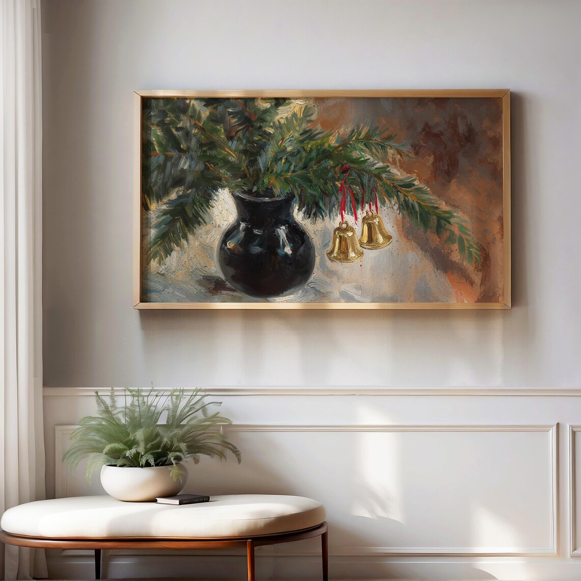 Christmas Pine Bells Black Vase Vintage Holiday Still Life Poster - Image 2