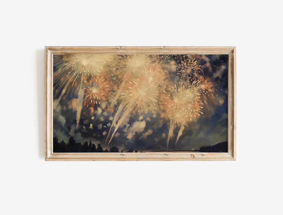 New Year Fireworks Night Sky Painting Celebration Vintage Art Poster - Image 2