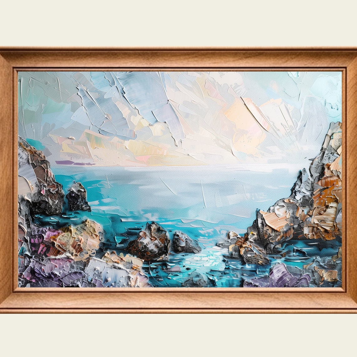 Turquoise Ocean Cove Painting Rocky Cliffs Blue Sea Horizon Art Poster