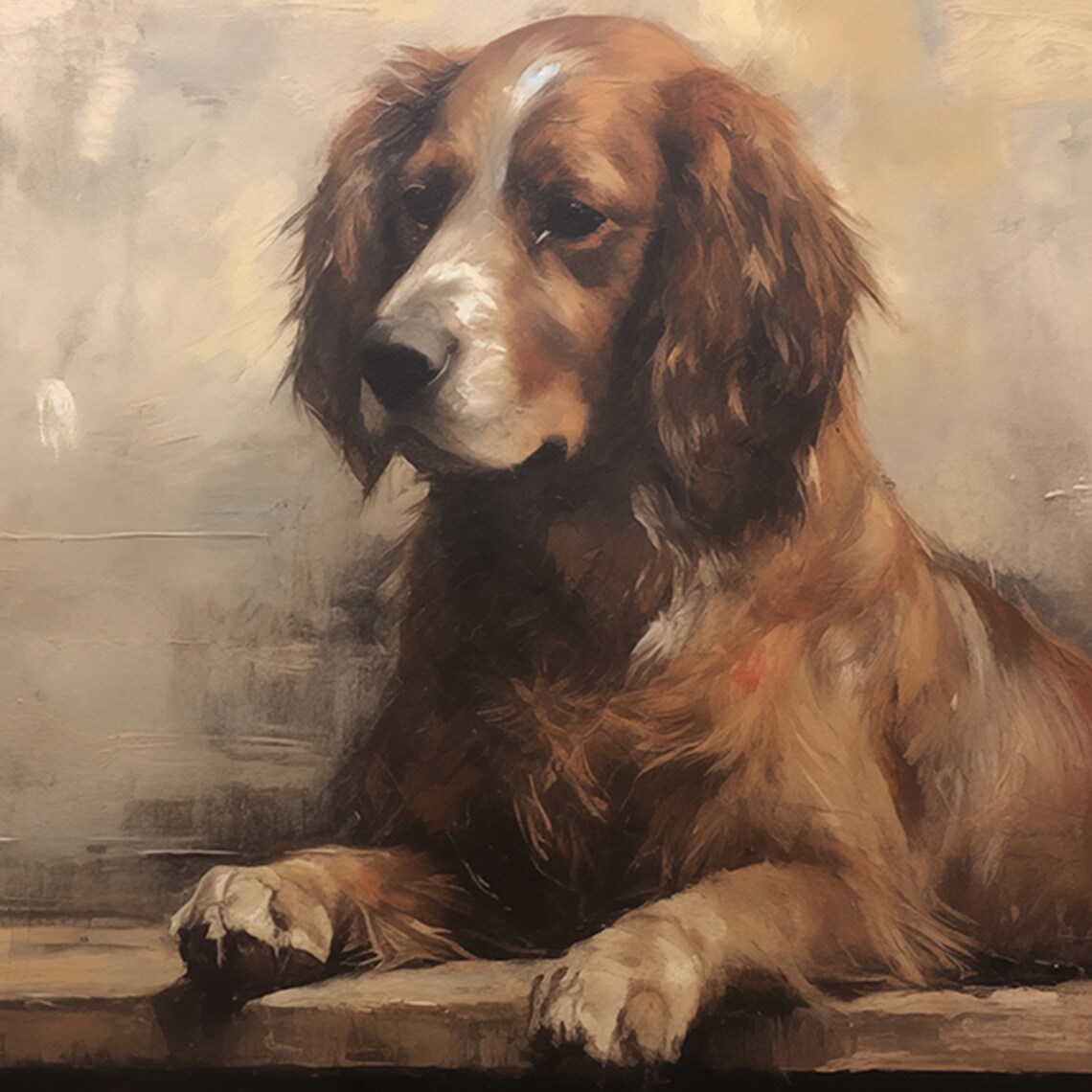 Senior Brown Spaniel Dog Resting Vintage Oil Painting Wall Art Print - Image 6
