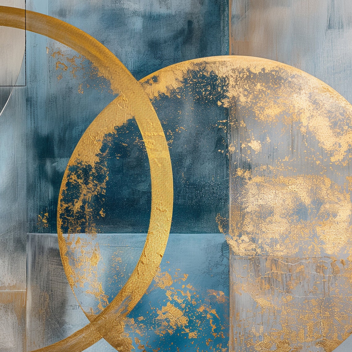 Golden Ring Abstract Painting Navy Blue Circles Shimmering Art Poster - Image 6