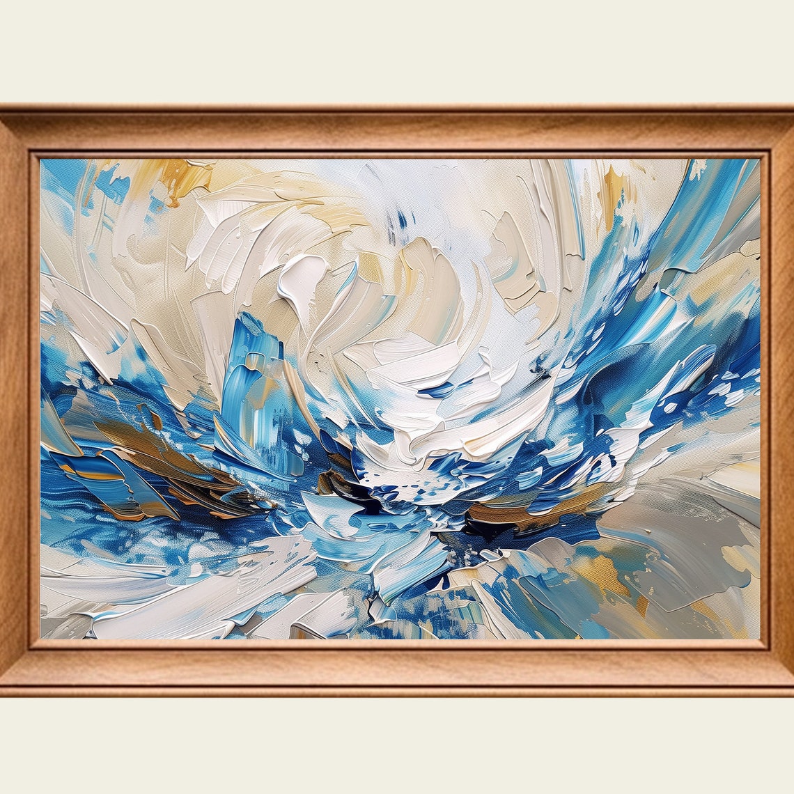 Blue White Abstract Swirls Impasto Ocean Wave Modern Painting Wall Art