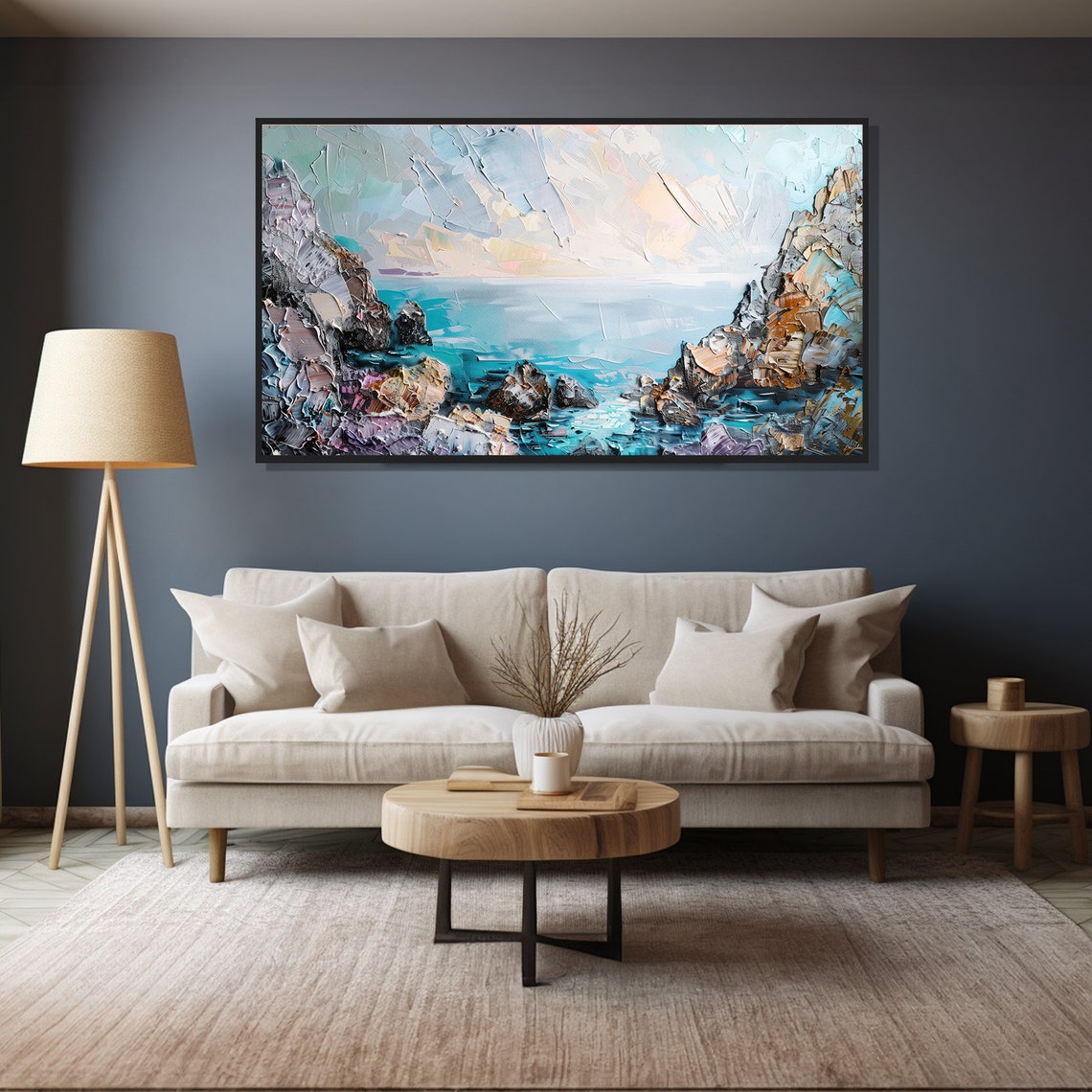 Turquoise Ocean Cove Painting Rocky Cliffs Blue Sea Horizon Art Poster - Image 6