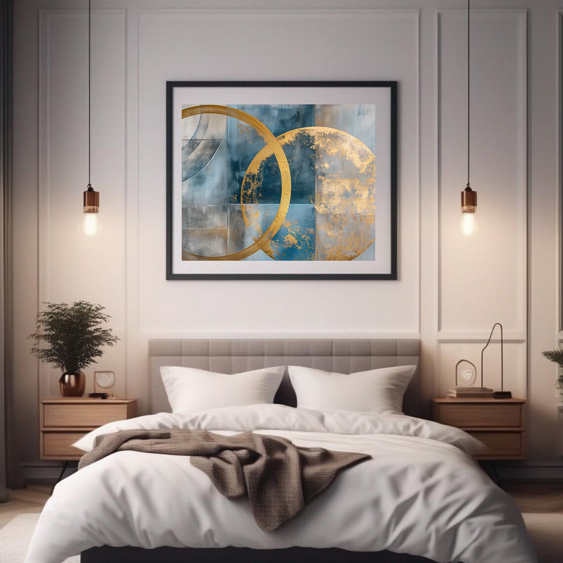 Golden Ring Abstract Painting Navy Blue Circles Shimmering Art Poster - Image 2
