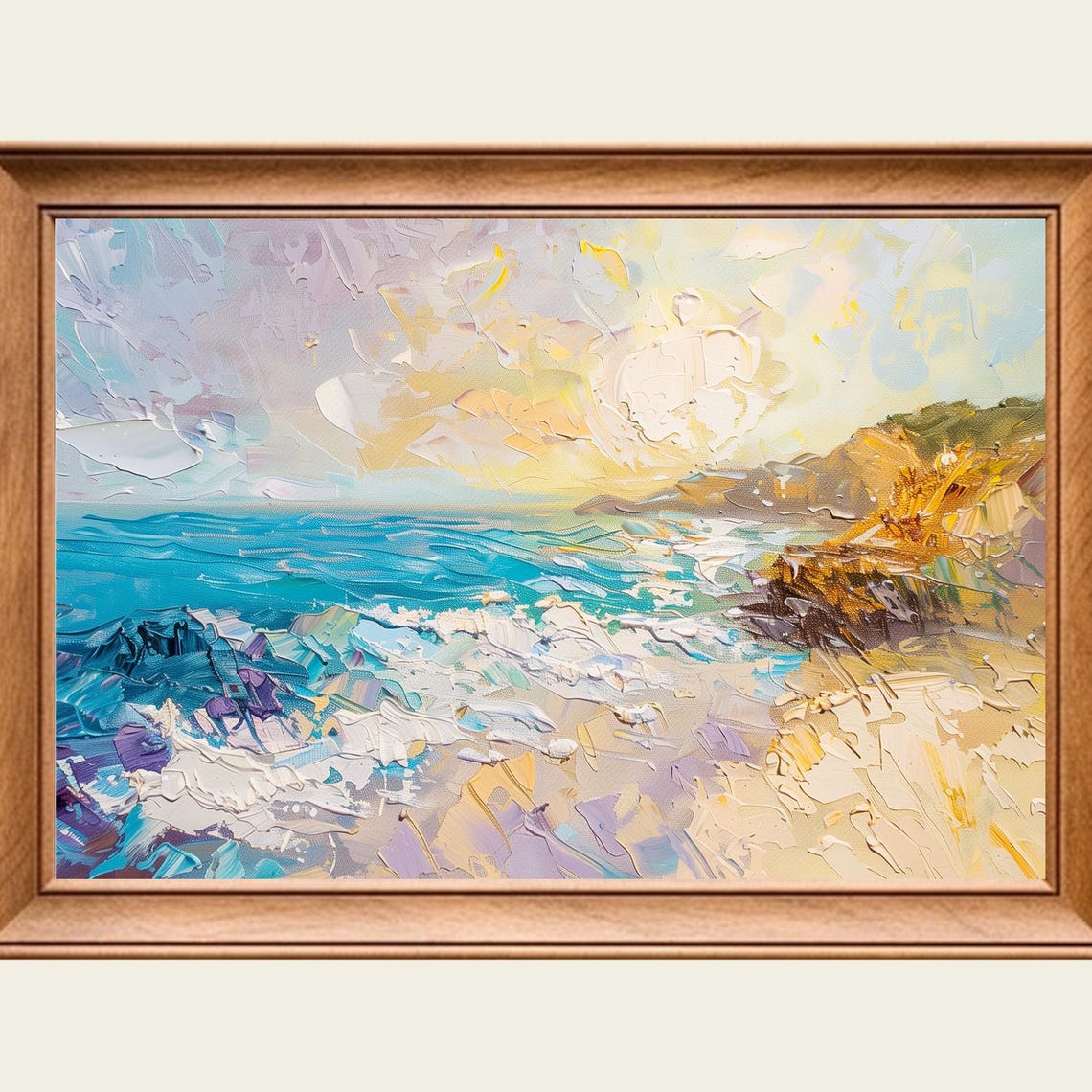 Turquoise Ocean Cove Golden Cliffs Sunlit Seaside Landscape Poster