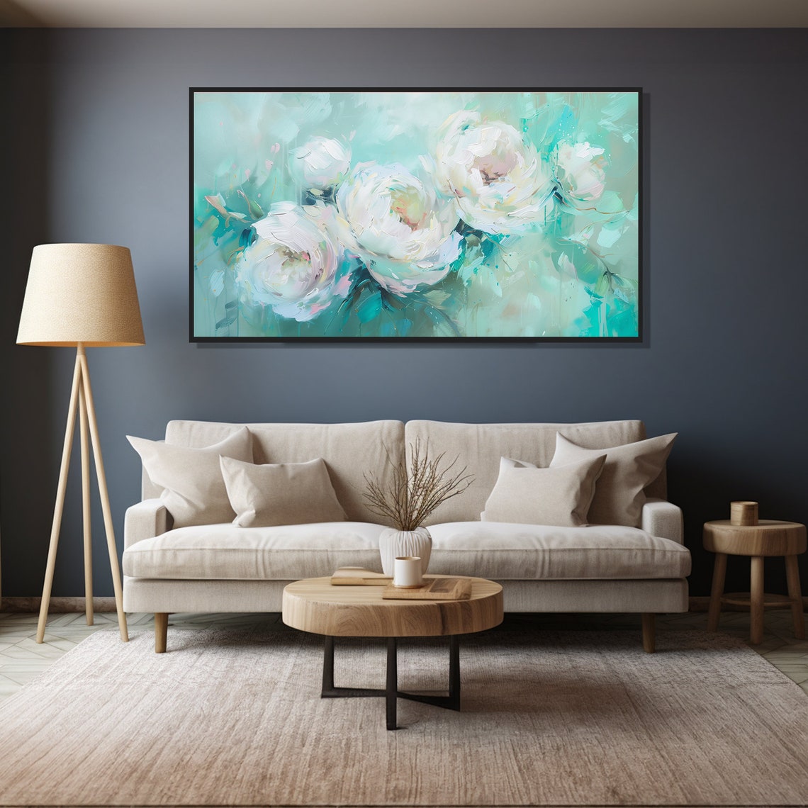 White Peonies Mint Green Impressionist Floral Modern Painting Wall Art - Image 4