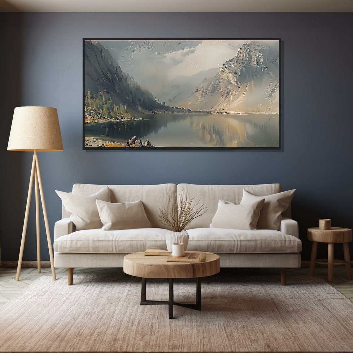 Vintage Mountain Lake Oil Painting Wall Art Print Frame Tv Art Tv - Image 4