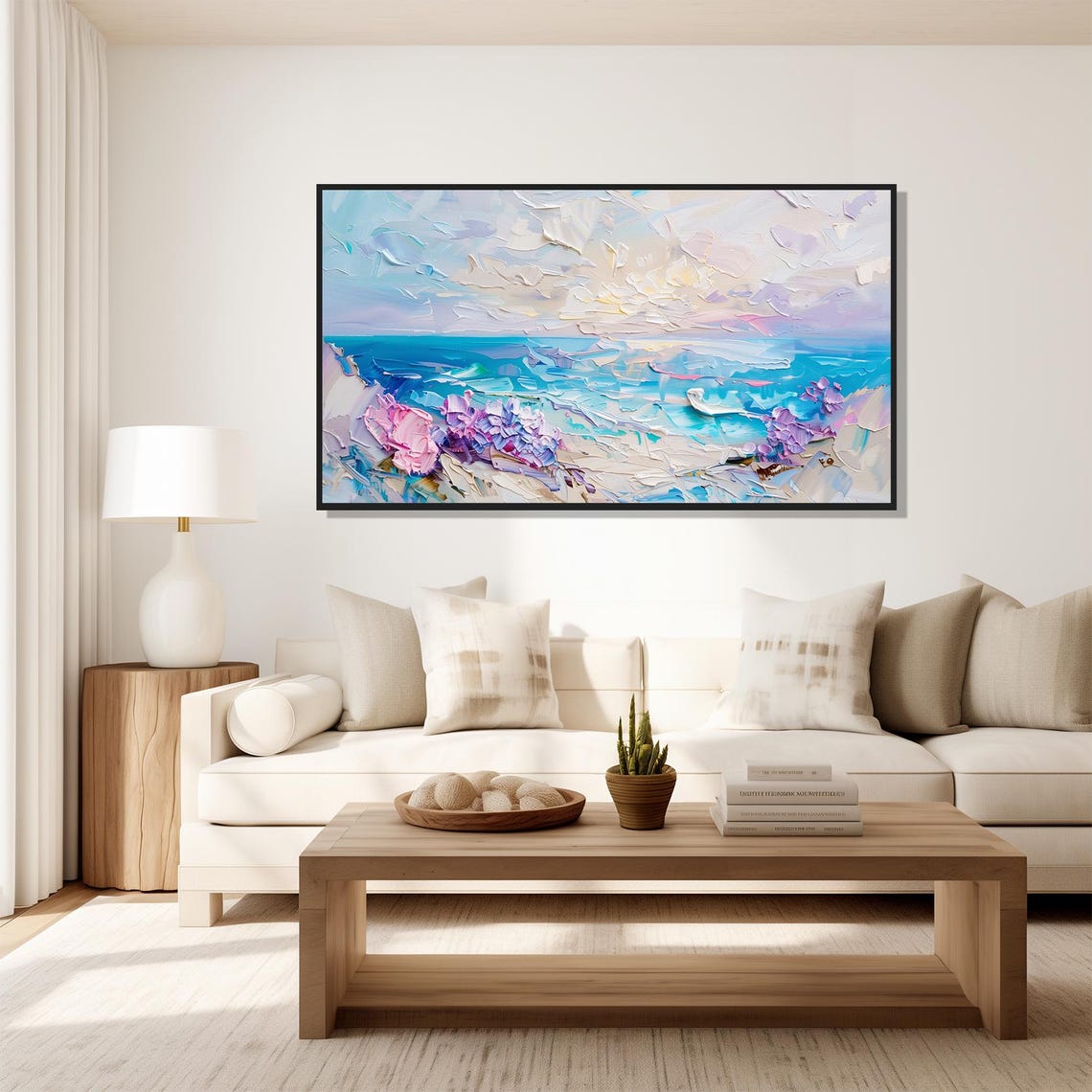 Pastel Beach Scene Ocean Waves Flowers Dreamy Coastal Art Poster - Image 5