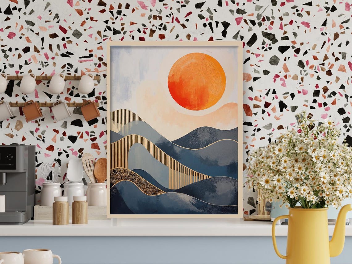 Sunset Boho Mountain And Water Landscape Art Print - Image 2