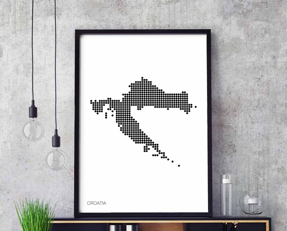 Croatia Minimal Dots Retro Map Poster Black White Wall Decor Design Modern Swiss Scandinavian Nordic Housewarming Travel