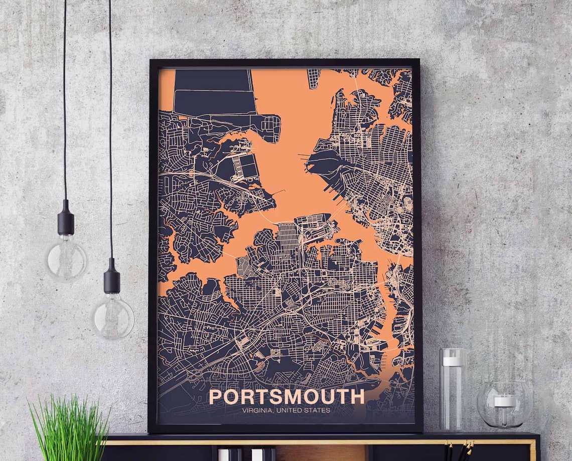 Portsmouth Virginia Bold Navy and Orange City Street Map Poster