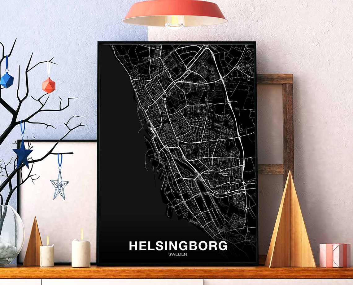 Helsingborg Sweden Black White Minimalist City Street Map Poster