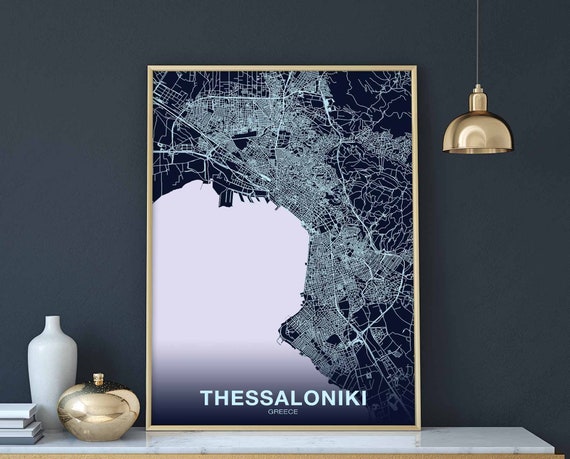Thessaloniki Greece Night Blue Poster Black White Hometown City Print Modern Home Decor Office Decoration Wall Art Dorm Bedroom Gift