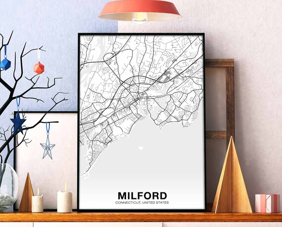 Milford Connecticut Ct Usa Map Poster Black White Hometown City Print Modern Home Decor Office Decoration Wall Art Dorm Bedroom Gift