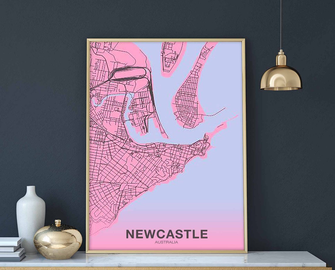 Newcastle Australia City Map Poster Pink Pastel Modern Map Decor Piece