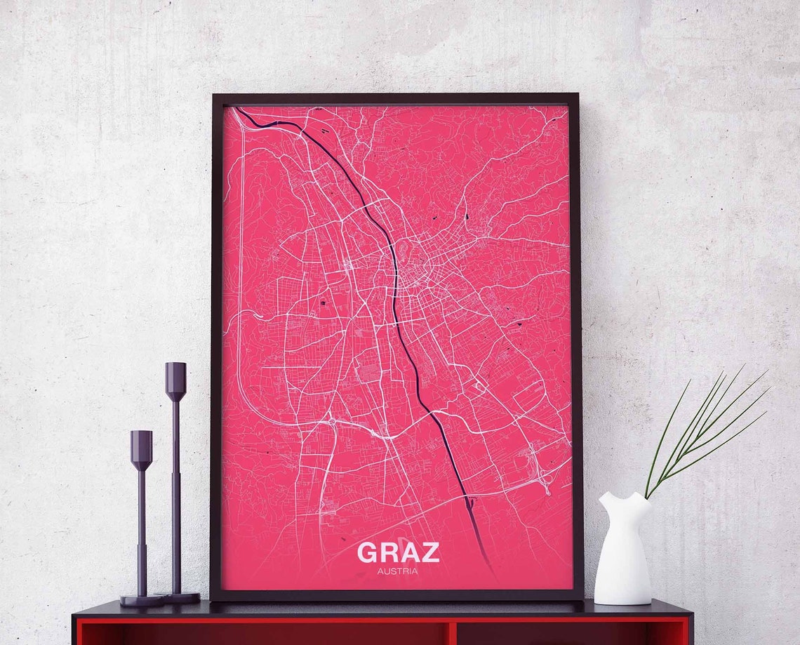 Graz Austria Bold Pink Street Map Poster Modern City Decor Travel Gift