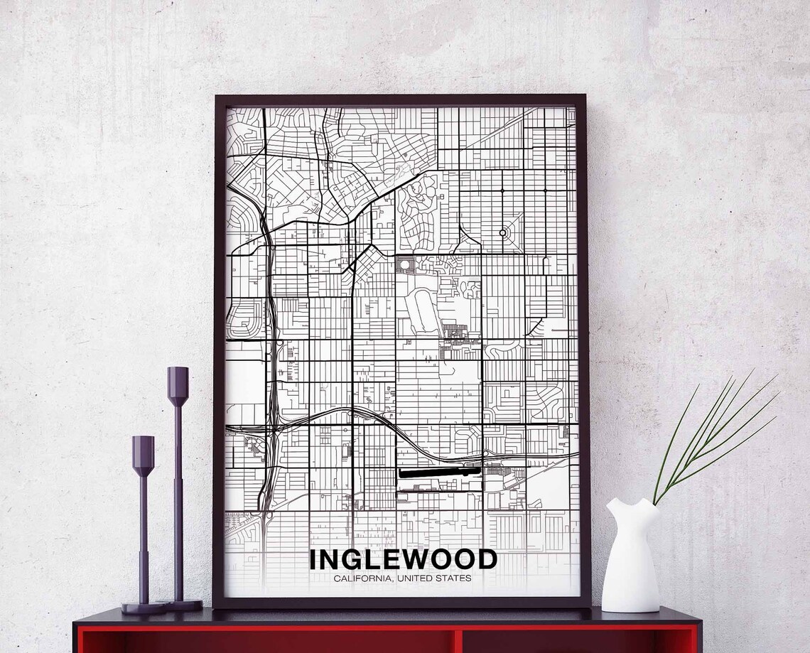 Inglewood CA USA Map Poster, Modern Home Decor