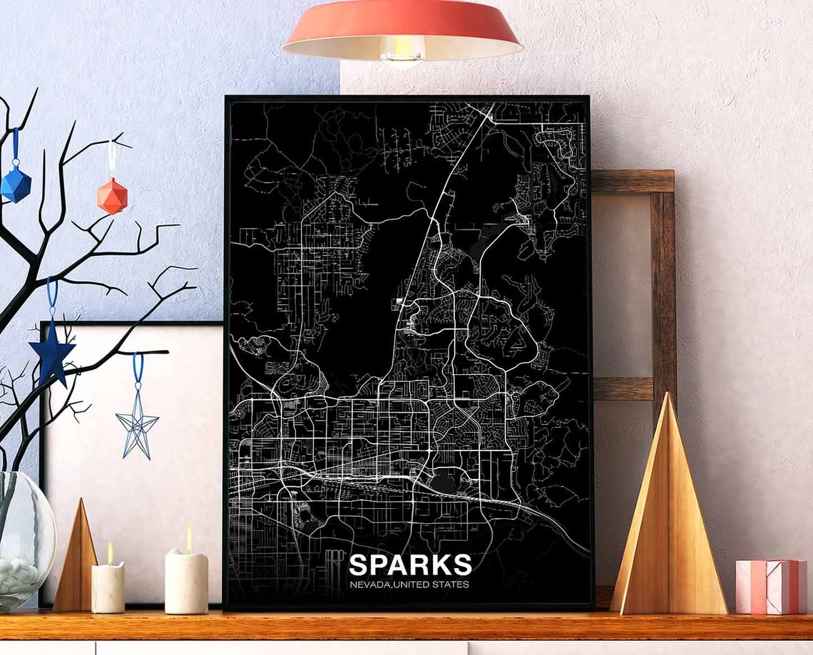 Sparks Nevada USA City Street Map Black Night Modern Decor Poster
