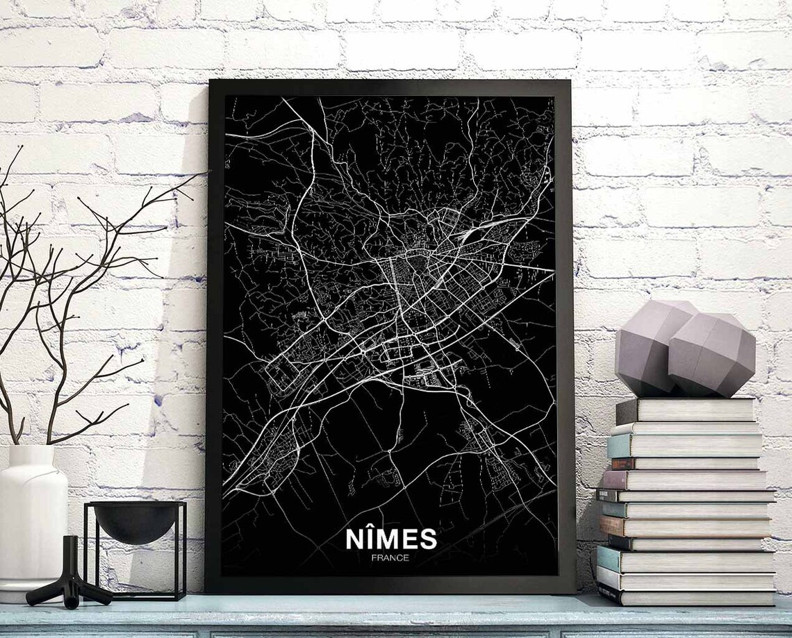Historic Nîmes France Vintage Black and White City Map Poster
