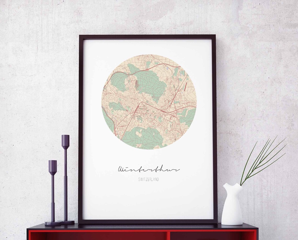 Winterthur Switzerland Map Poster, Vintage Retro Travel