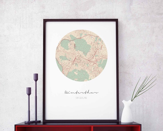 Winterthur Switzerland Map Poster, Vintage Retro Travel