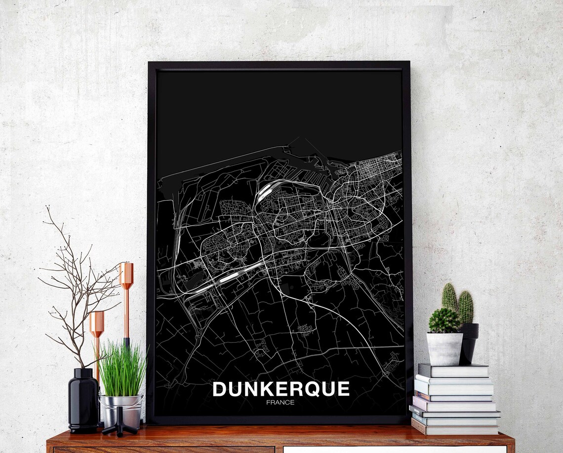 Dunkerque France Street Map Bold Black Modern Minimalist Poster