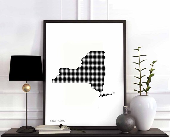 New York Us State Minimal Dots Retro Map Poster Black White Wall Decor Design Modern Swiss Scandinavian Nordic Housewarming Travel