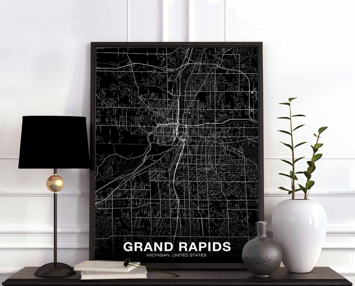Grand Rapids Michigan City Map Poster Black And White Minimal Street Art