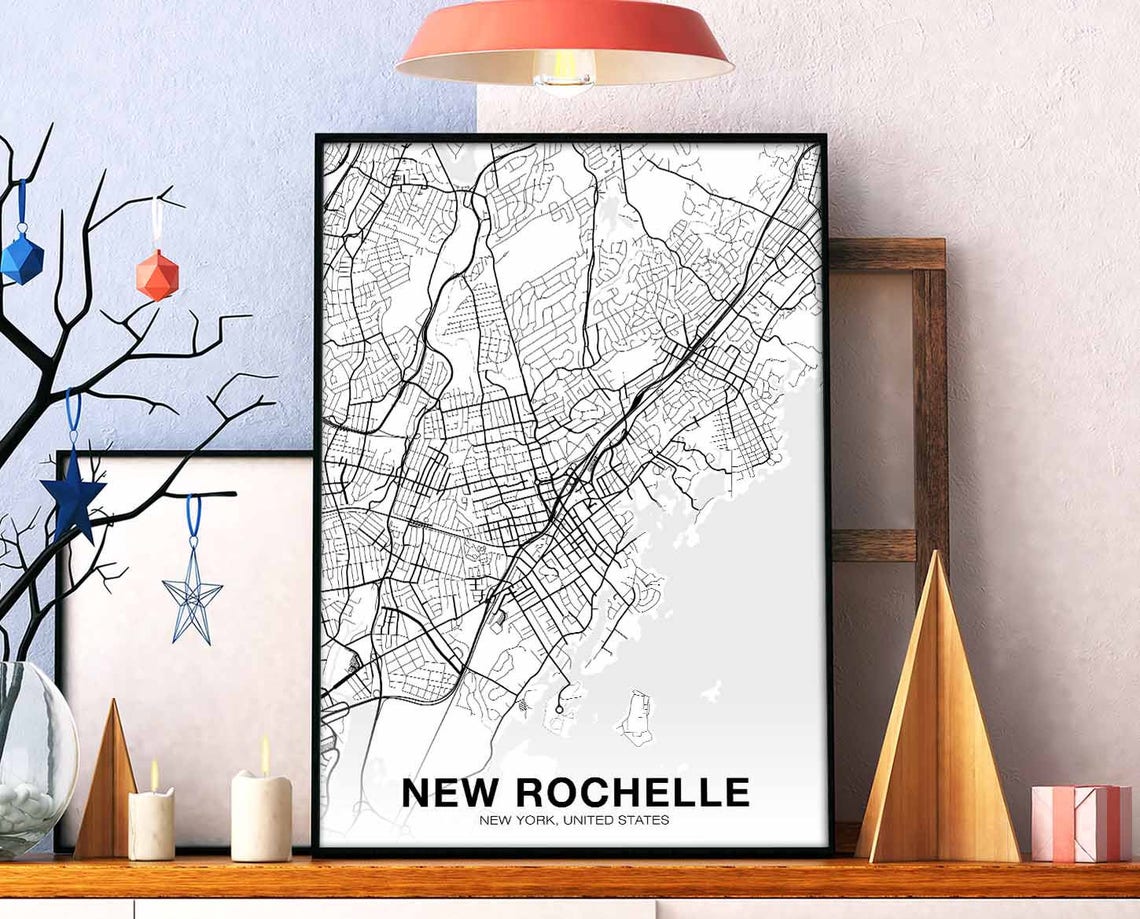 New Rochelle New York City Map Poster Black White Street Art