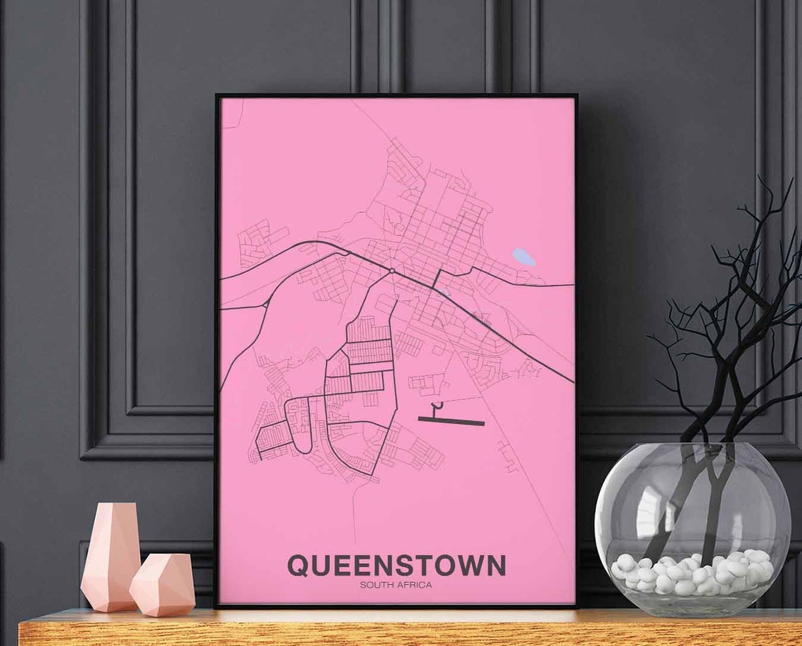 Queenstown South Africa Pink City Map Minimalist Wall Art Design