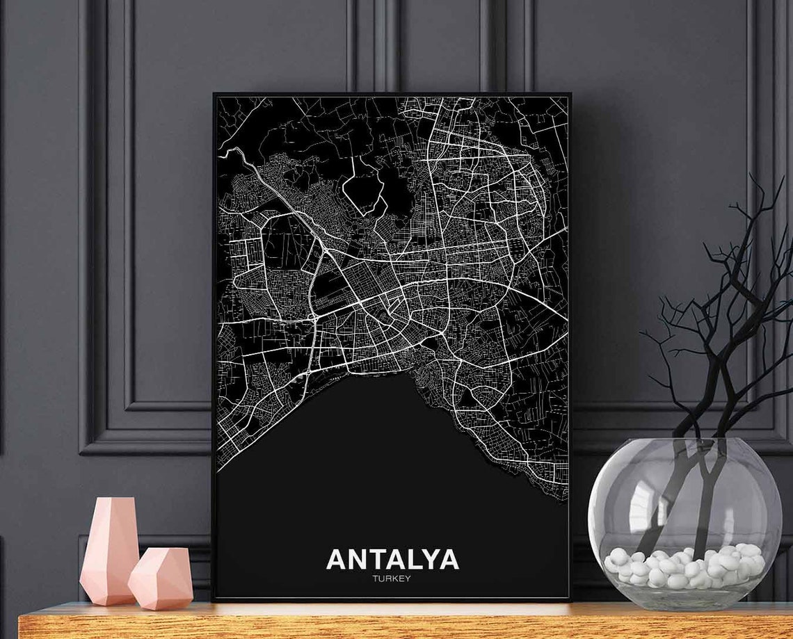 Antalya Turkey Black City Street Map Modern Minimalist Poster