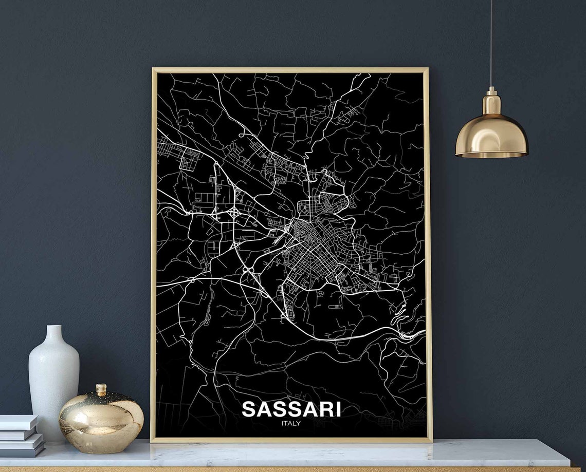 Bold Sassari Italy Black Background City Map Art Print Decor