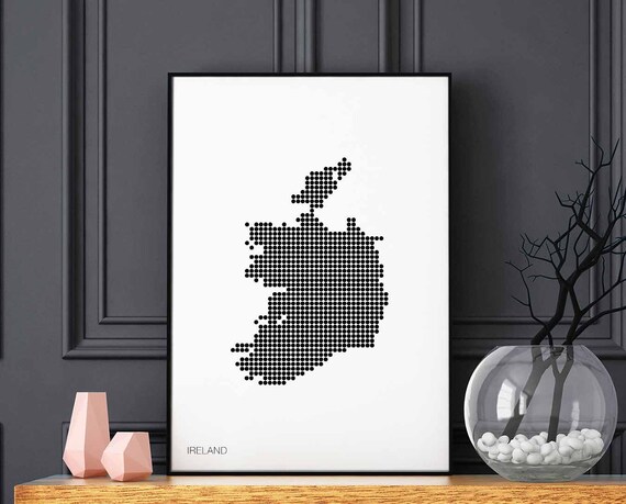 Ireland Minimal Dots Retro Map Poster Black White Wall Decor Design Modern Swiss Scandinavian Nordic Housewarming Travel