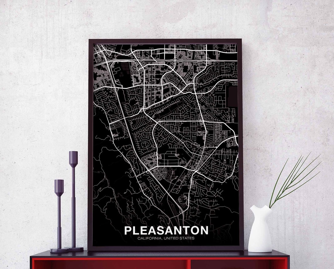 Pleasanton California Black White Modern City Map Poster Decor