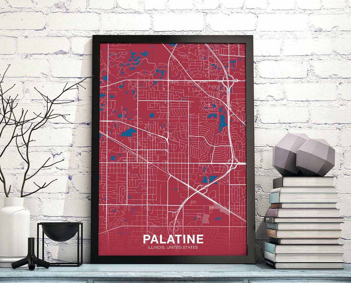 Palatine Illinois Street Map Crimson Red Lakes Modern Art Poster