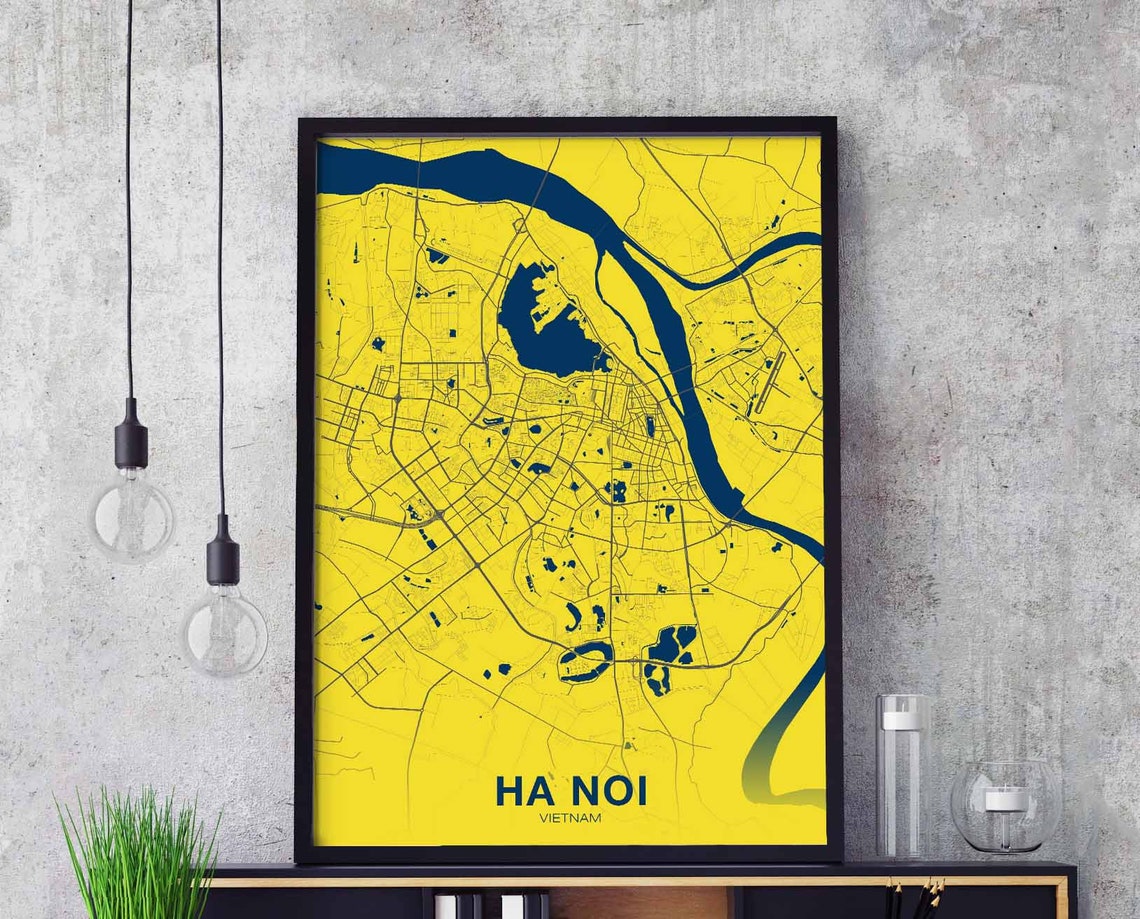 Ha Noi Vietnam Yellow Blue Full Bleed City Street Map Poster