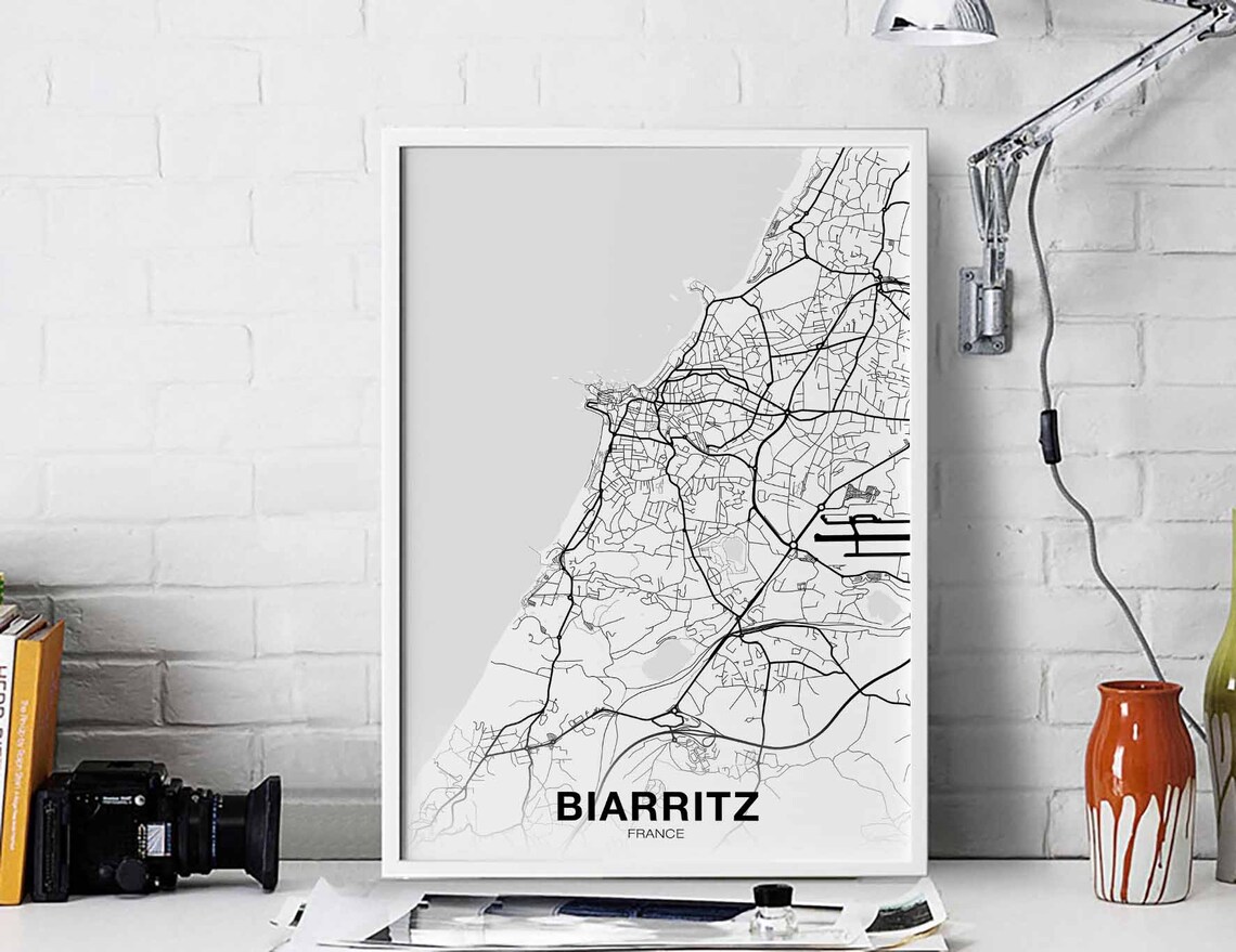 Biarritz France Coastal Street Map Minimalist Black and White Poster