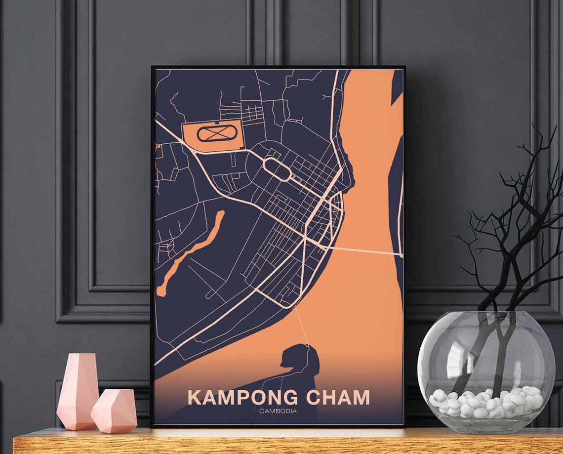 Kampong Cham Cambodia Navy Orange Modern City Map Art Poster