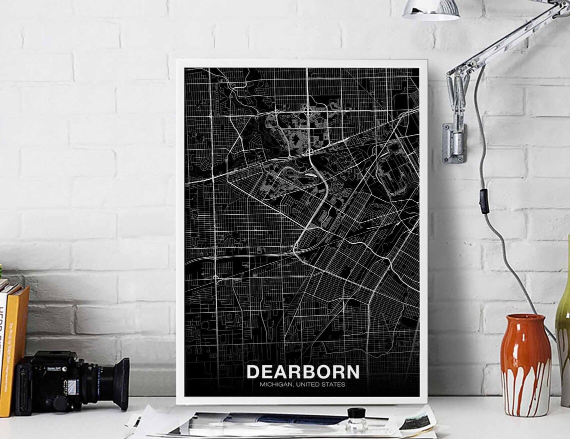 Dearborn Michigan Map Poster, Black White Travel Print