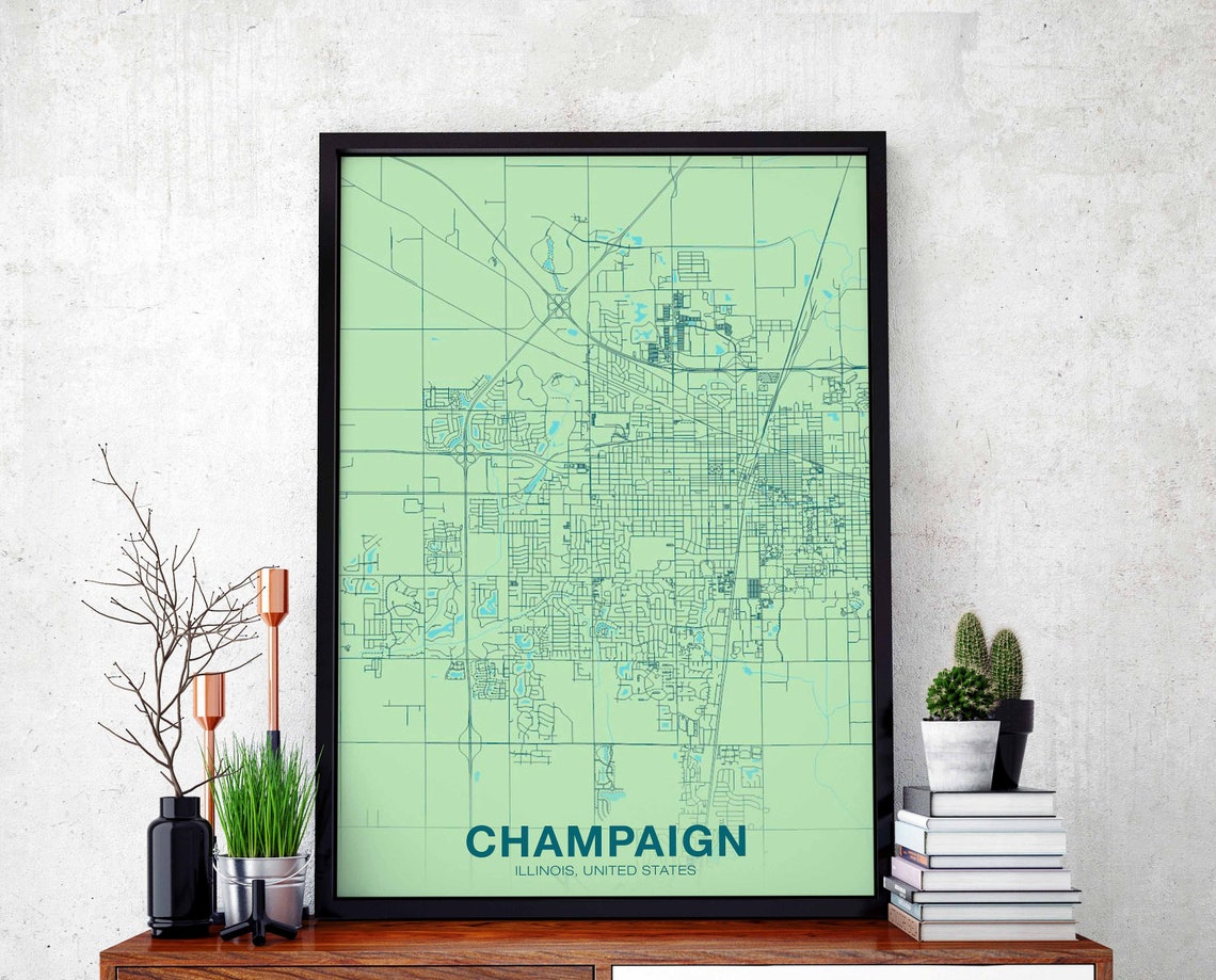 Champaign Illinois Pale Green Street Map Modern Hometown Poster