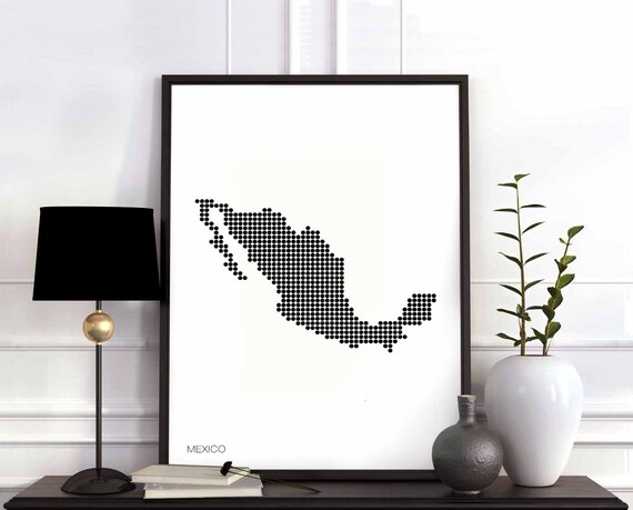 Mexico Minimal Dots Retro Map Poster Black White Wall Decor Design Modern Swiss Scandinavian Nordic Housewarming Travel