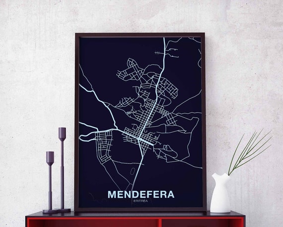 Mendefera Eritrea Night Blue Poster Black White Hometown City Print Modern Home Decor Office Decoration Wall Art Dorm Bedroom Gift
