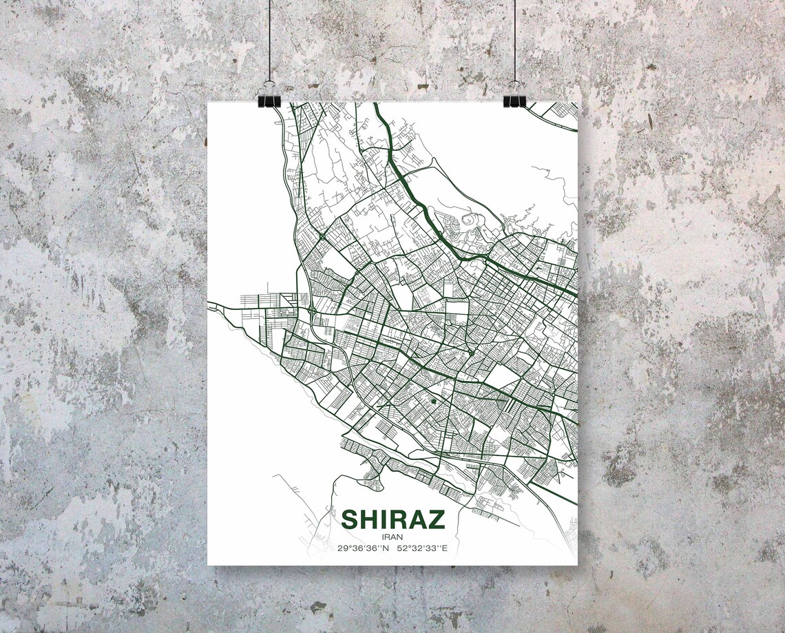 Shiraz Iran Map Poster, Modern Home Decor