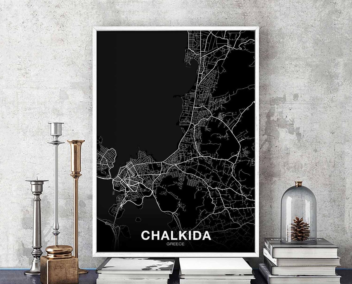 Chalkida Greece City Map Night Black Modern Home Decor Poster