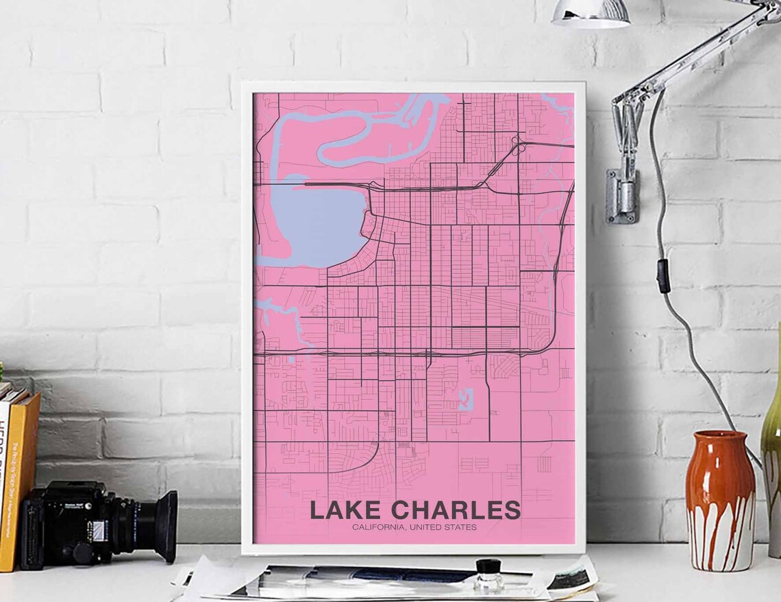 Lake Charles California Pink Street Map Poster Modern Hometown Decor