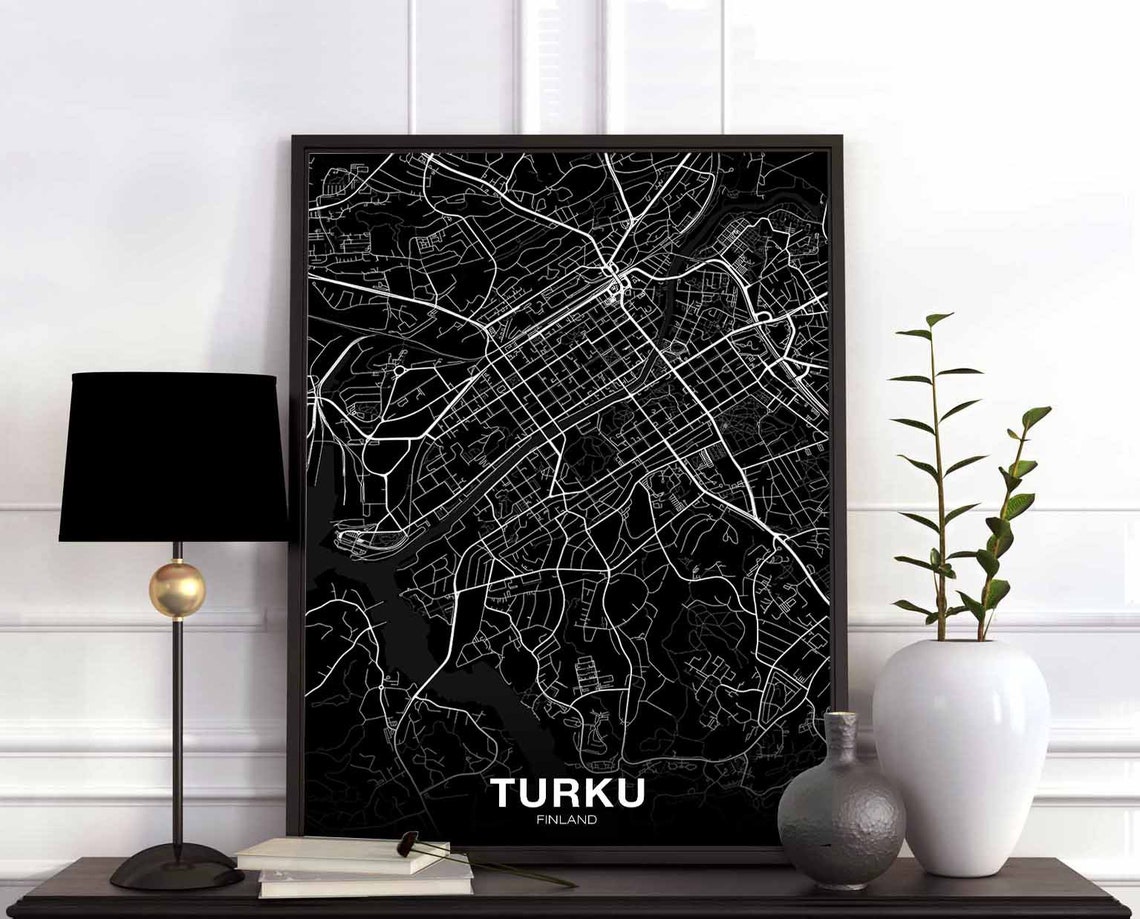 Turku Finland City Map White Line Black Background Art Poster